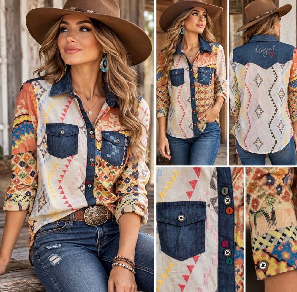 Desigual Cam Aurora Shirt Womens S NWT Embroidered Boho Western Denim Button Up